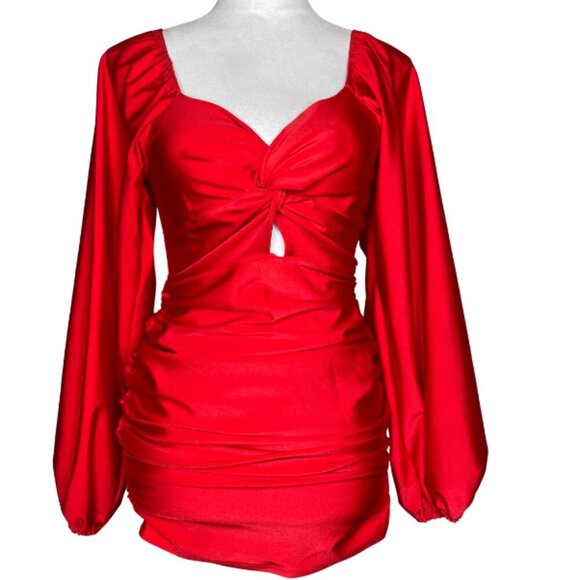 L.A. SEDUCTION Scarlet Red Cut Out Balloon Sleeve Bodycon Dress Sexy Event Sz L - Picture 1 of 10